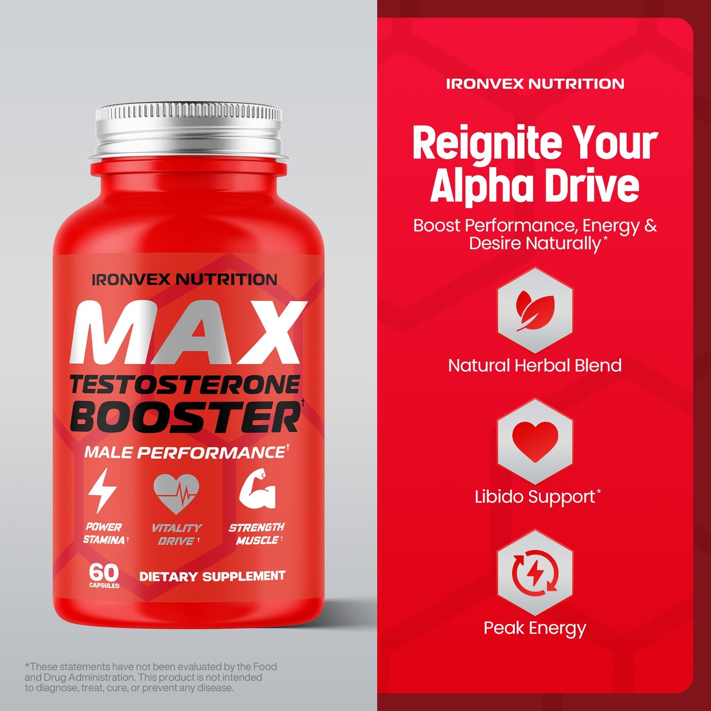 IronVex Nutrition Testosterone Booster for Men - Male Enhancing Tongkat Ali & Ashwagandha, 60 Capsules