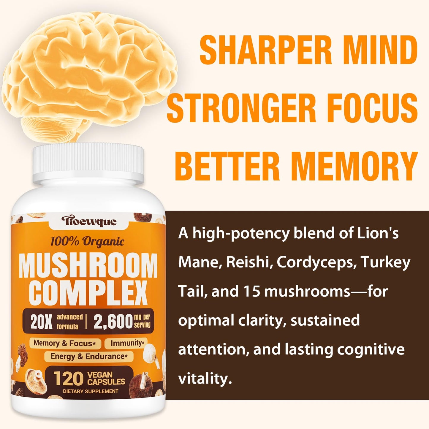 Tioewque 20 in 1 Mushroom Complex Brain Support Capsules, 360 Count