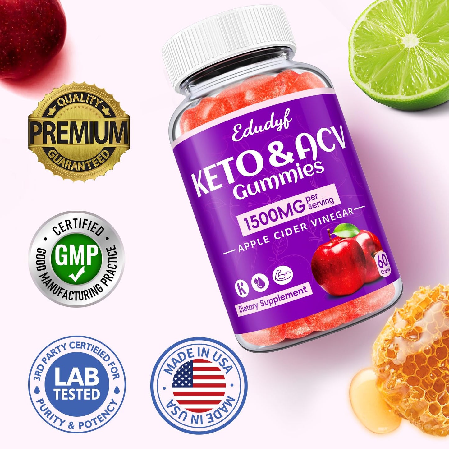 EDUDYF Keto ACV Gummies 1500mg Apple Cider Vinegar with Probiotics, B12 and Keto Support, Detox & Cleanse, GMO Free & Vegan, 60 Count