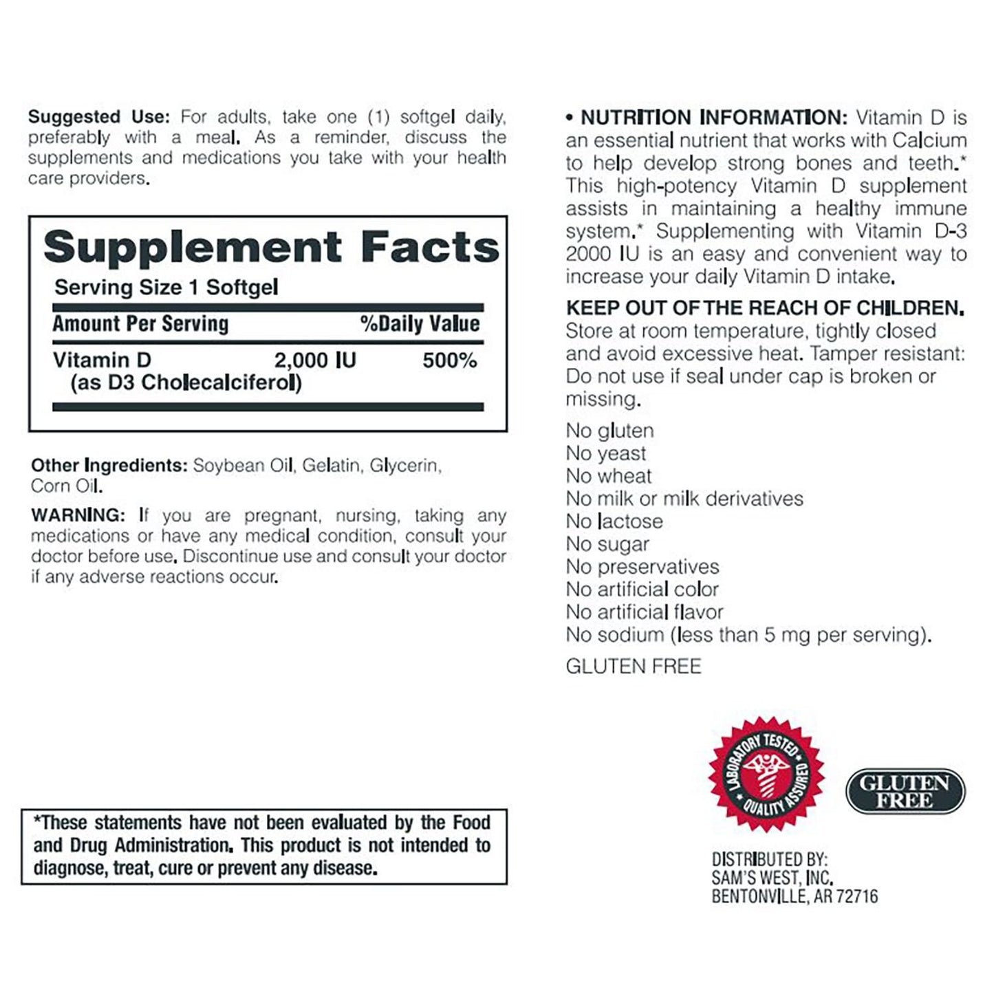 Member's Mark Vitamin D-3 2000 IU Dietary Supplement Softgels 400 Count