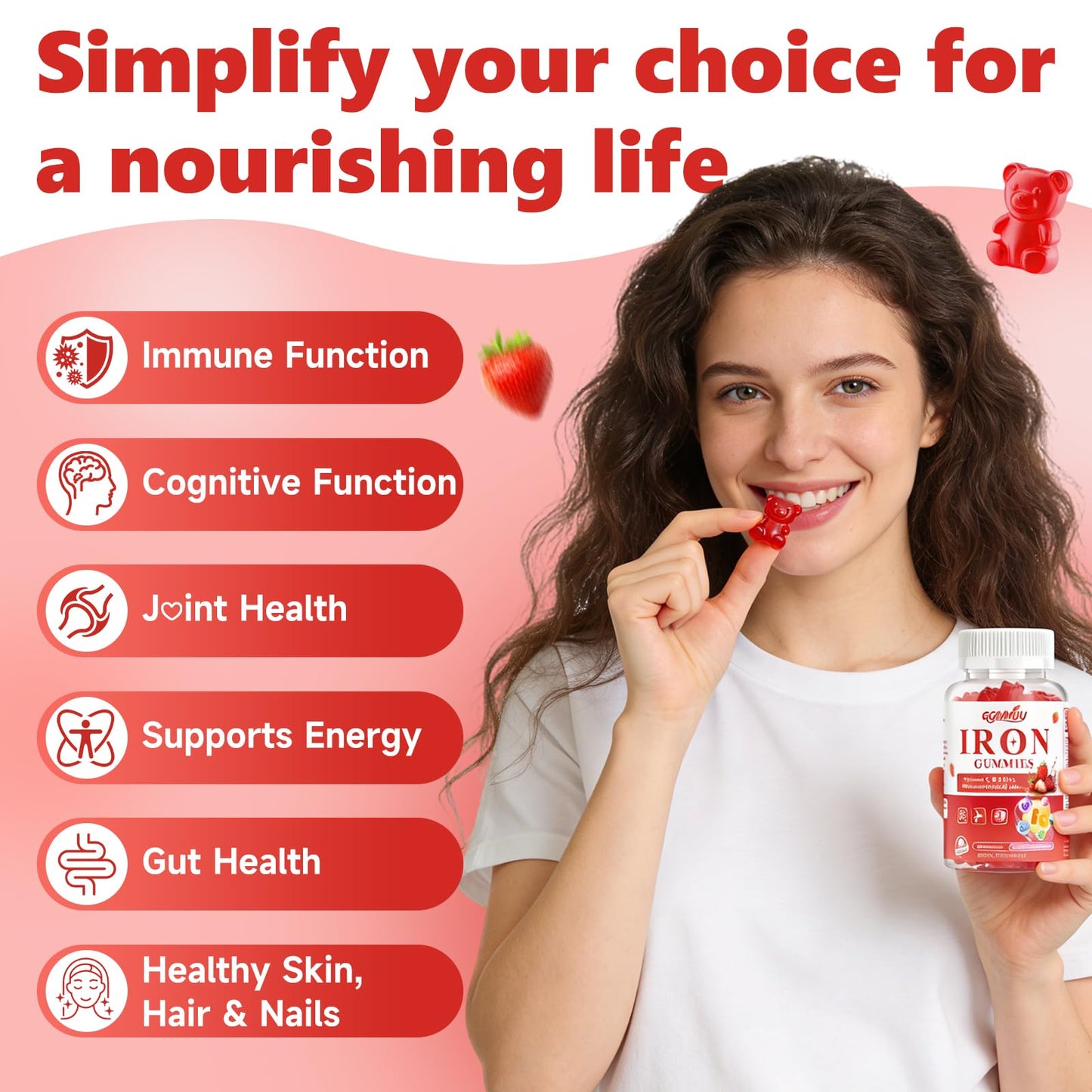 GGMMUU Sugar Free Iron Gummies for Energy Support, 60 Count