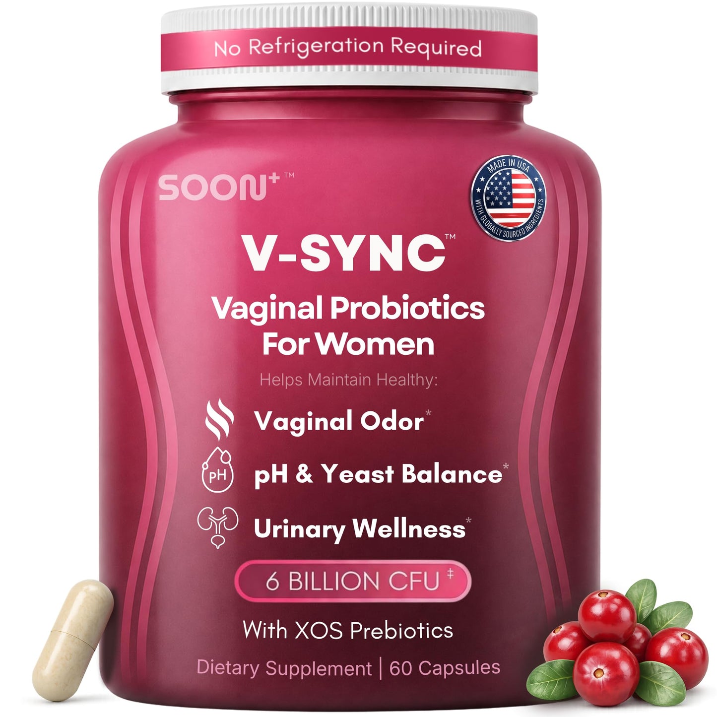 SOON+ Vaginal Probiotics for Women V-Sync with Lactobacillus, Cranberry & Prebiotics, 6 Billion CFU, 60 Capsules