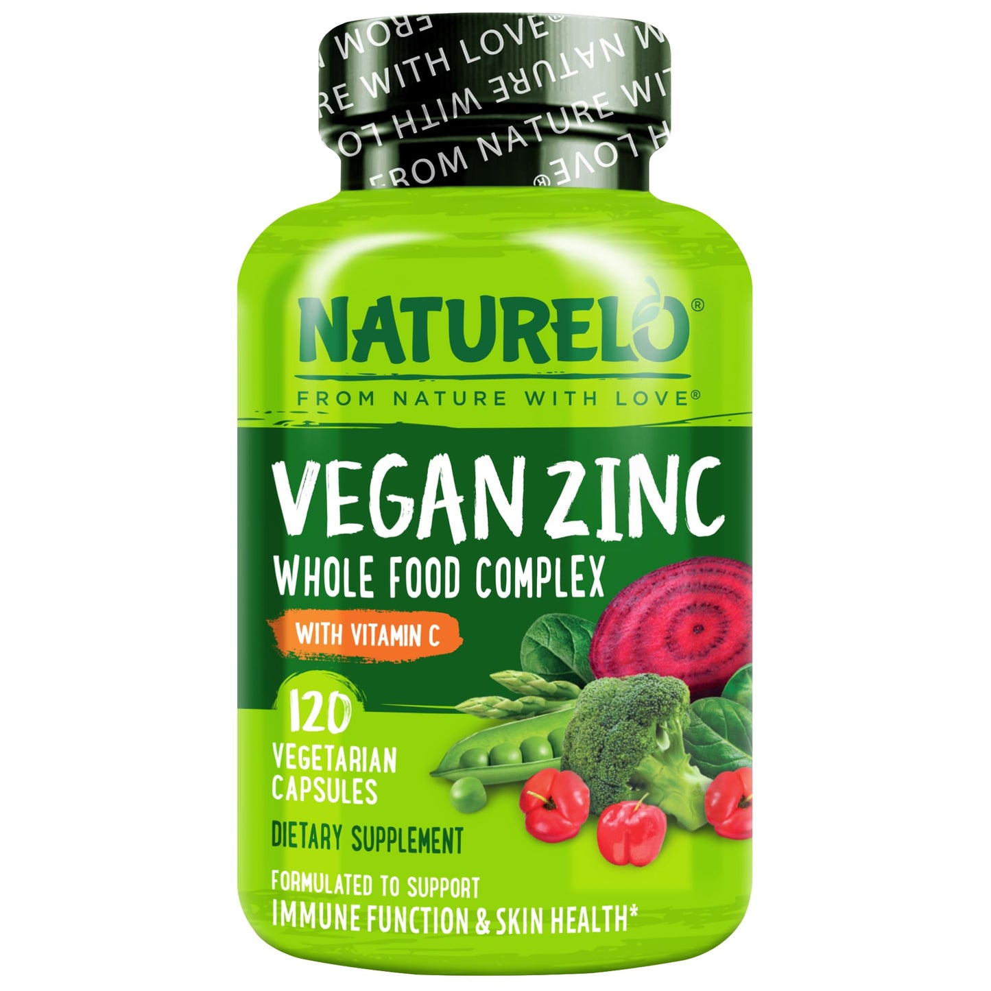 NATURELO Vegan Zinc Immune Support Capsules with Vitamin C, 120 Capsules