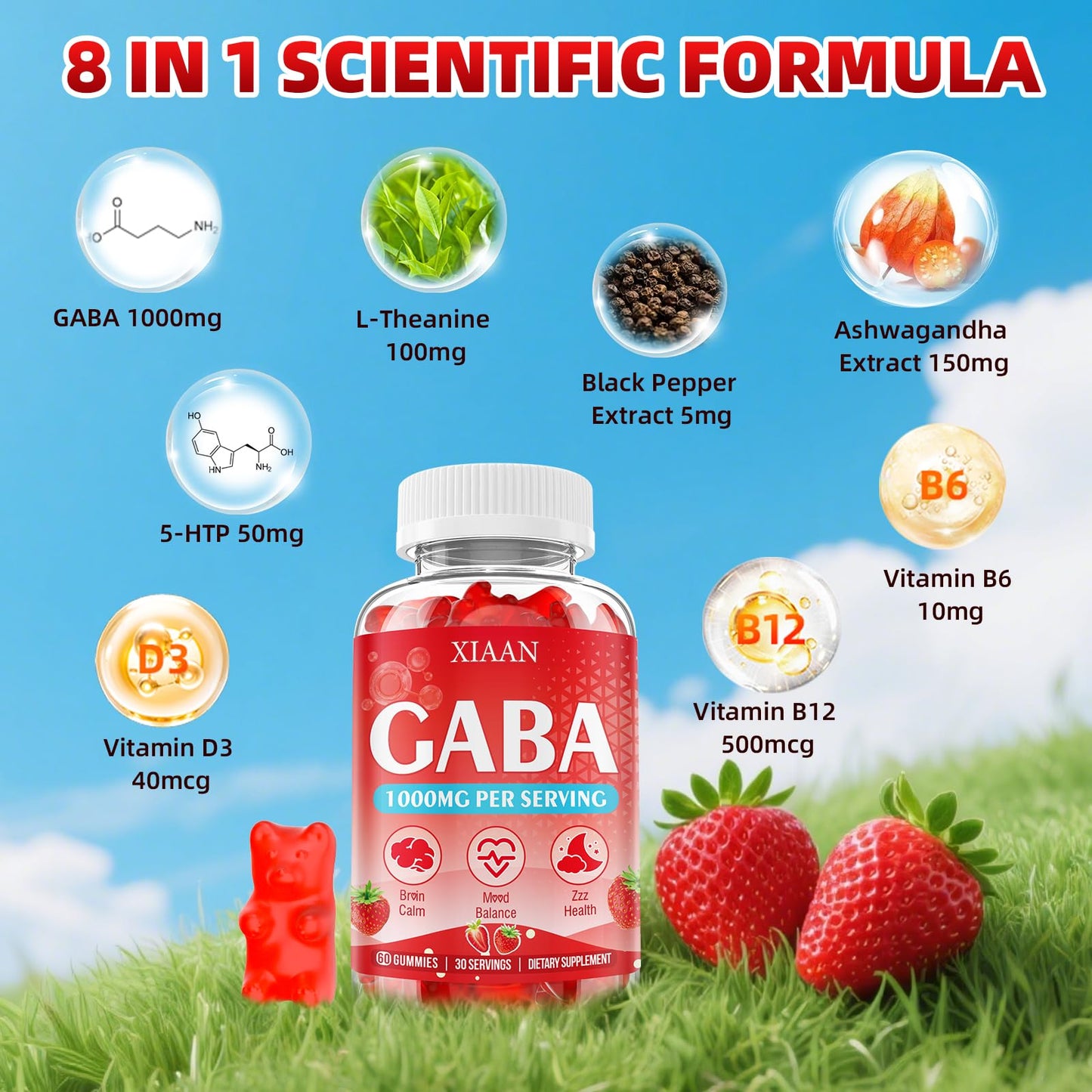 XIAAN GABA Gummies 1000mg for Kids & Adults, Chewable GABA Supplements with L-Theanine, 5-HTP, Ashwagandha, B6, B12, D3 for Calm & Sleep, 120 Count