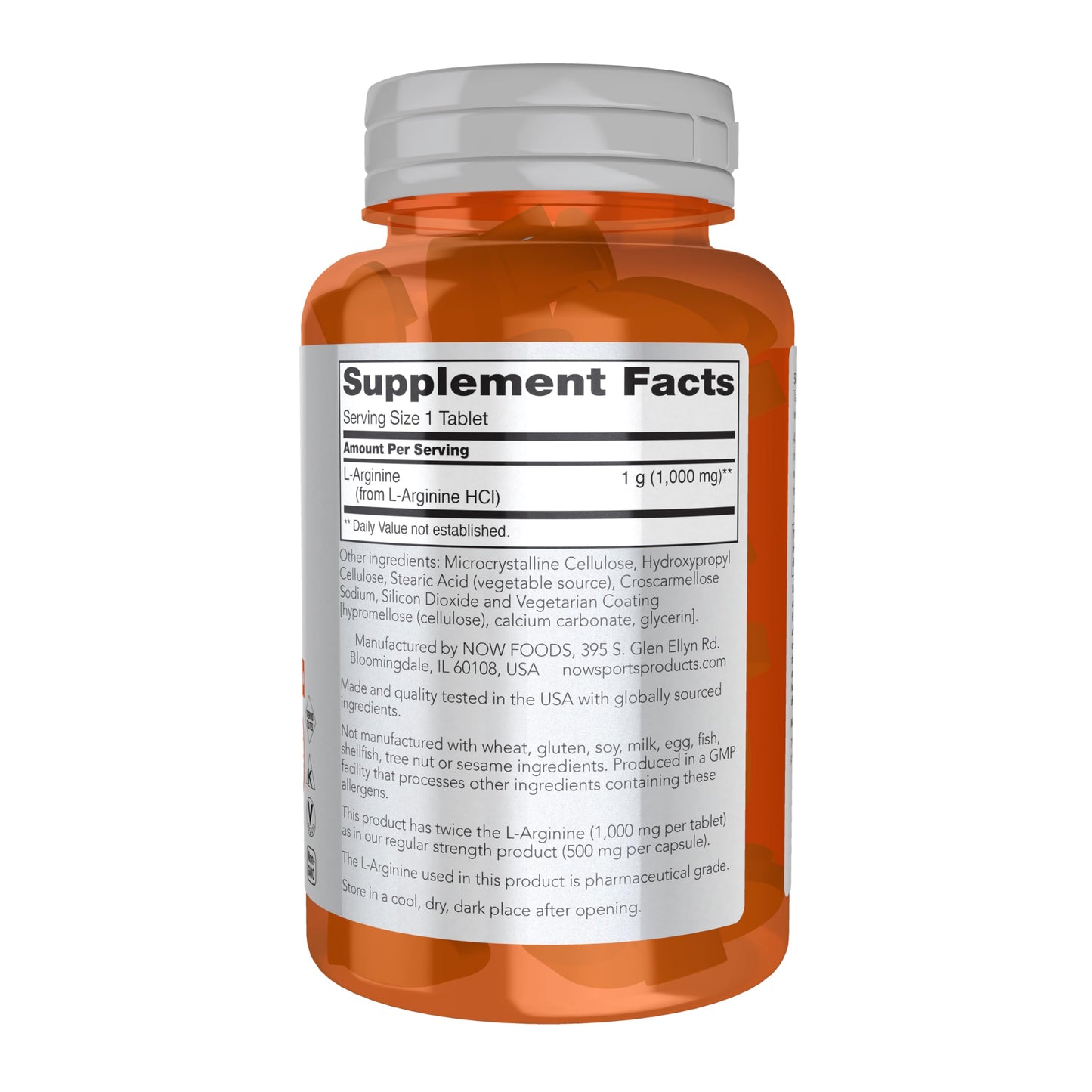 NOW Foods L-Arginine Double Strength 1000mg Nitric Oxide Precursor, Amino Acids, 60 Tablets