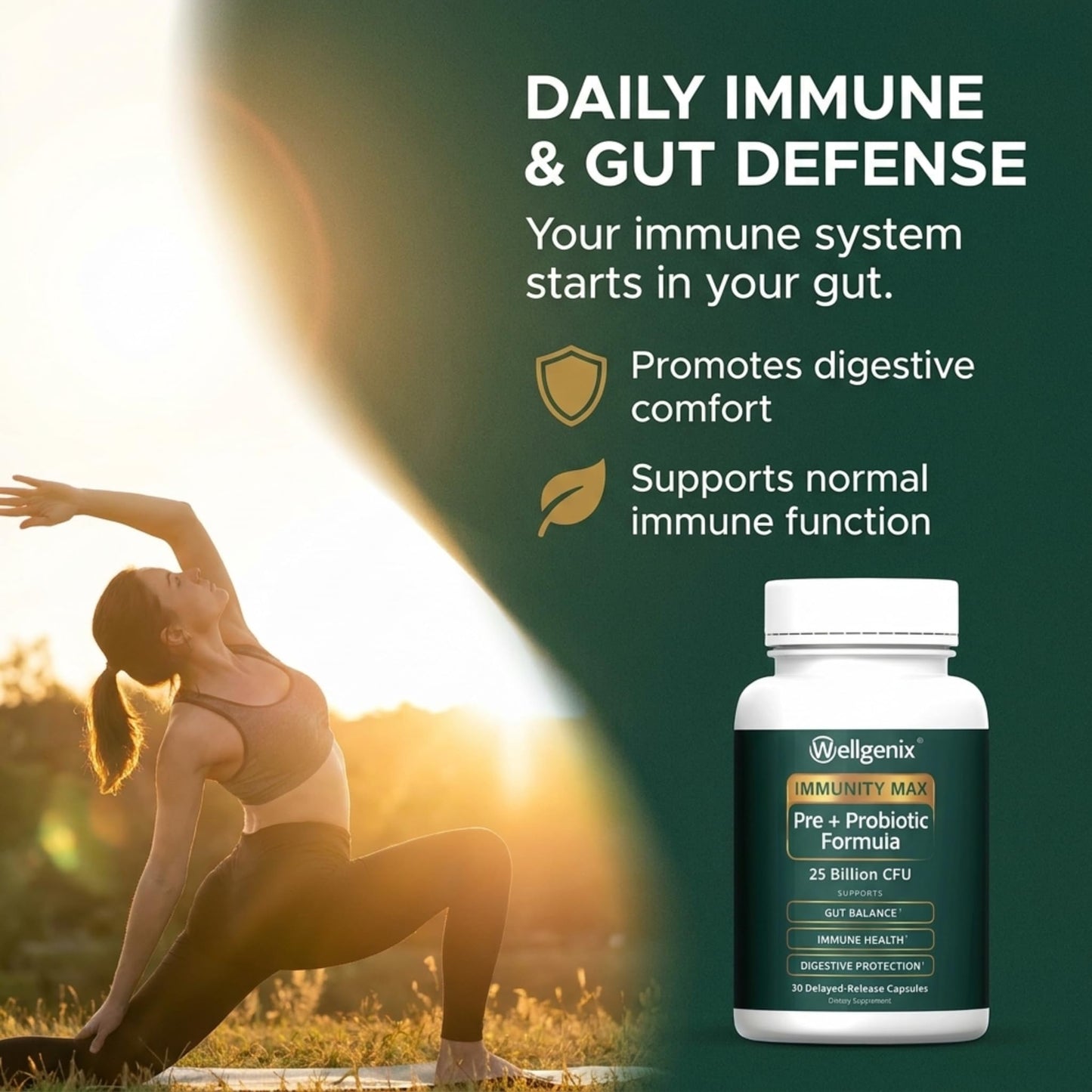 Wellgenix Immunity Max Probiotic 25 Billion CFU – Bifidobacterium Lactis, Saccharomyces Boulardii & Lactobacillus Rhamnosus – Gut Balance & Immune Support – 30 Vegetarian Delayed-Release Capsules
