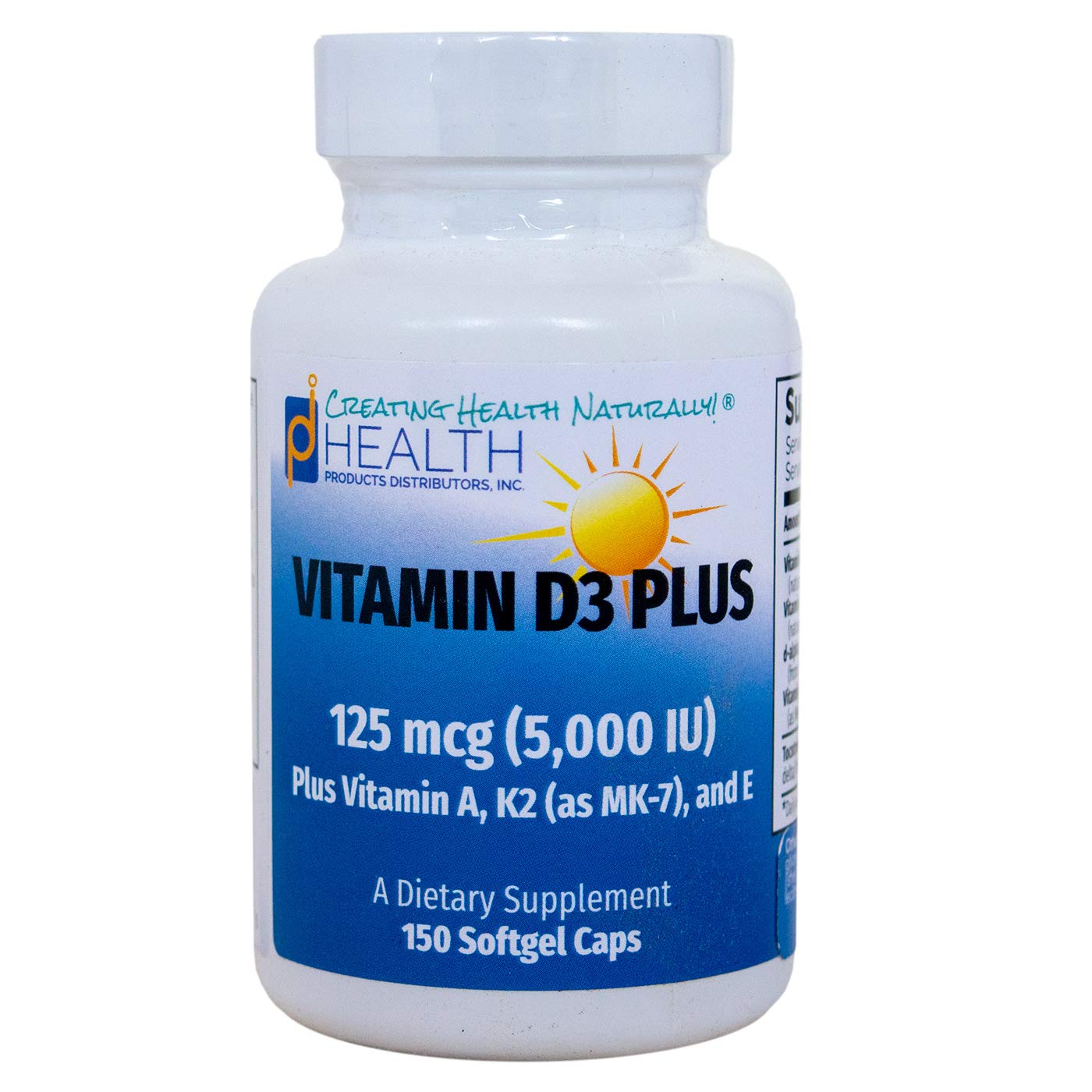 PDI HEALTH PRODUCTS DISTRIBUTORS Vitamin D3 Plus –125 mcg (5000 IU) Vitamin D3 | Vitamin K2 (MK-7) and Vitamin A | Natural Form of Vitamin D | Includes Tocotrienols as Antioxidants | Non-GMO Softgel 150