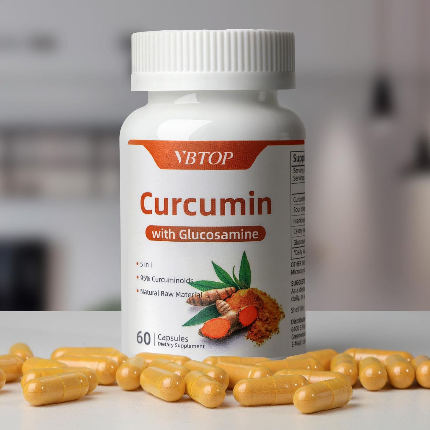 VBTOP Curcumin 95% with Glucosamine, 5-in-1 Joint Support Supplement with Sour Cherry, Frankincense & Celery Seed, 60 Capsules