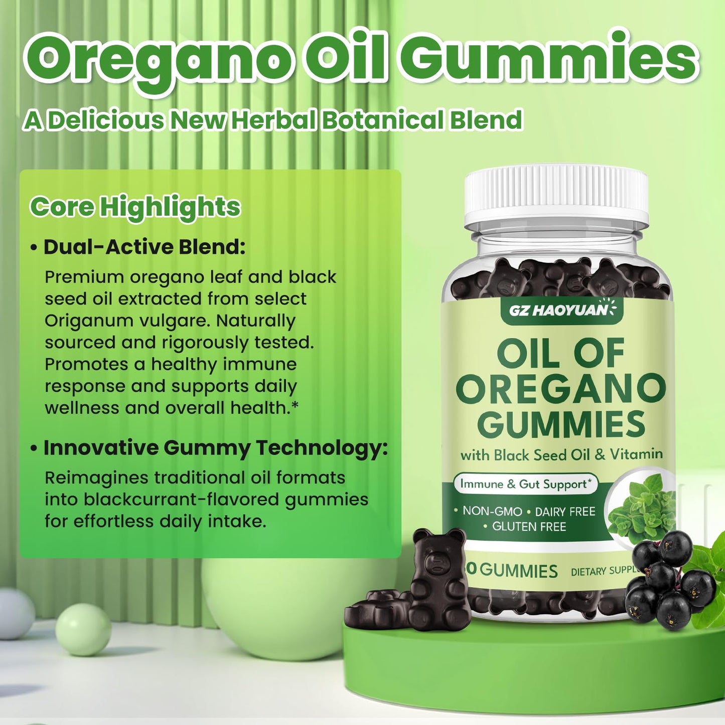 GZ HAOYUAN Oil of Oregano Gummies with Black Seed Oil + Vitamin D3, Organic High Carvacrol, Immune & Digestive Support, 60 Gummies