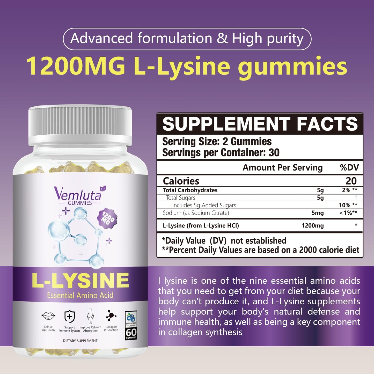 Vemluta L-Lysine Gummies 1200 mg for Immune Support & Collagen Boost, Chewable Lysine Supplement for Adults, Lip & Cold Sore Support, Blueberry, Non-GMO, Gluten Free, 120 Gummies