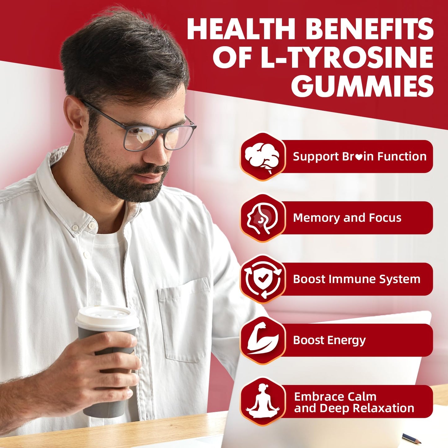 GrnLife Tyrosine Gummies 1000mg, Sugar-Free L-Tyrosine Supplement, Strawberry Flavor, 120 Count