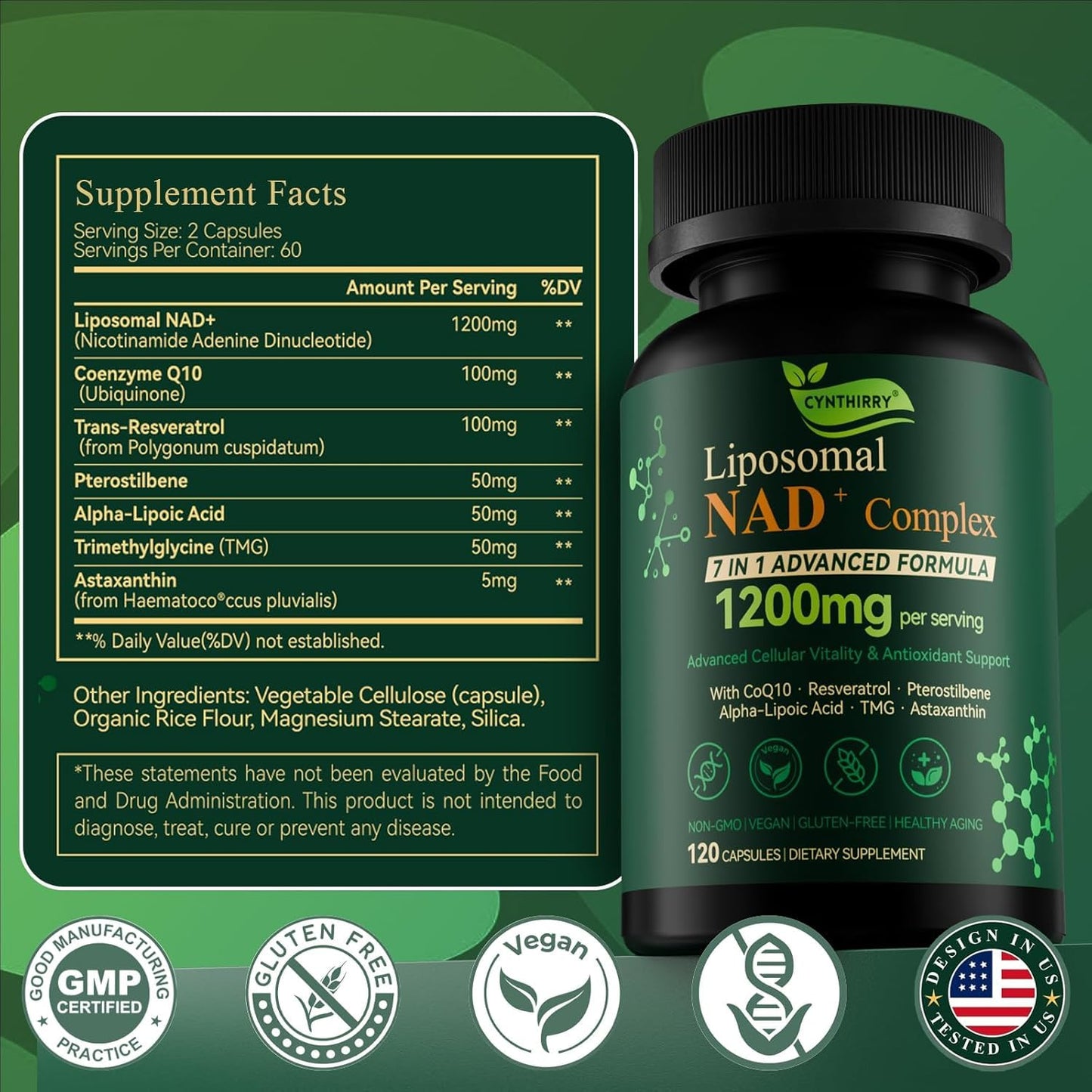 Cynthirry Liposomal NAD+ Supplement 1200mg 7-in-1 NR NMN Replacement with Resveratrol CoQ10 Capsule 120 Count