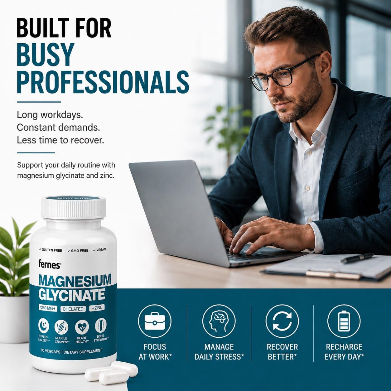 Fernes Magnesium Glycinate with Zinc, 275mg Elemental Magnesium + 8mg Zinc, 90 Capsules