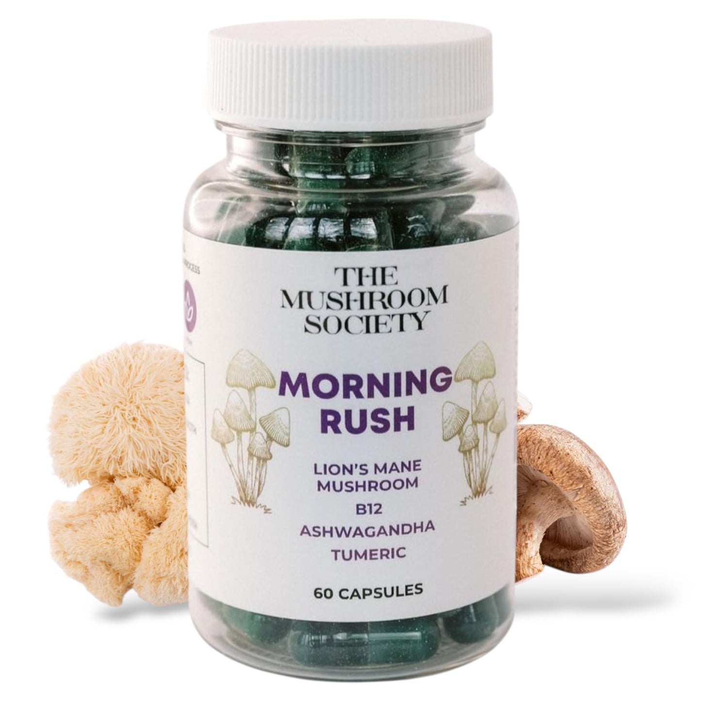 The Mushroom Society Morning Blend with Lion's Mane, Ashwagandha, Turmeric & Vitamin B12 Capsules, 60 Count