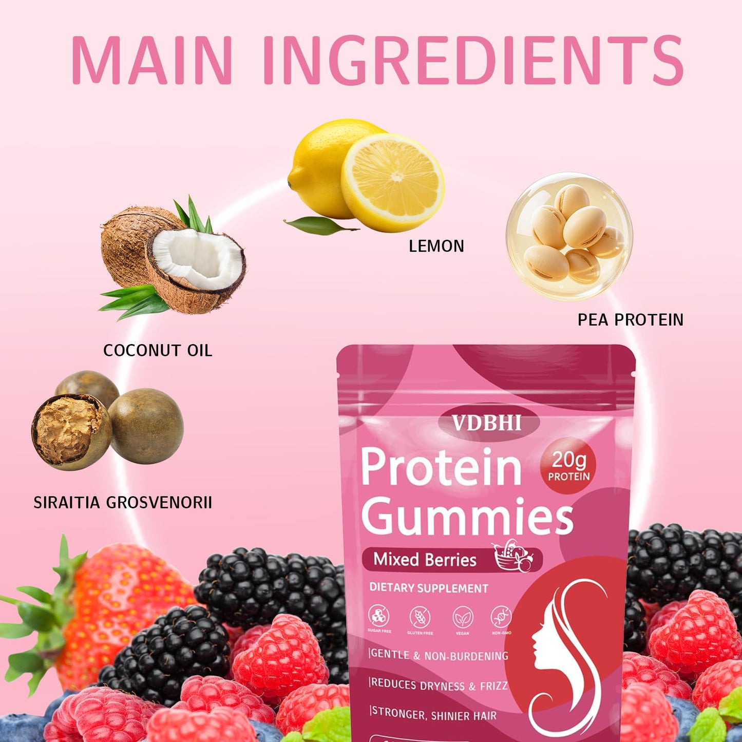 VDBHI Protein Gummies for Women & Men, Mixed Berries, 60 Gummies