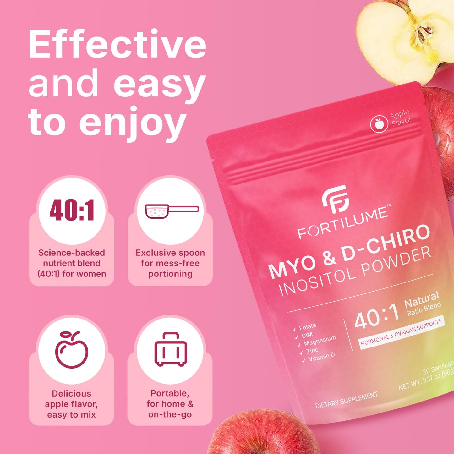 FORTILUME Myo & D-Chiro Inositol Powder 40:1 Ratio Apple, 3.17