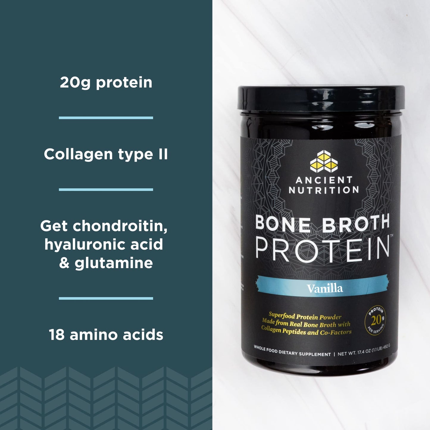 Ancient Nutrition Beef Bone Broth Protein Powder Salted Caramel, 20 Servings and Bone Broth Protein Powder Vanilla, 20 Servings, 2-Pack
