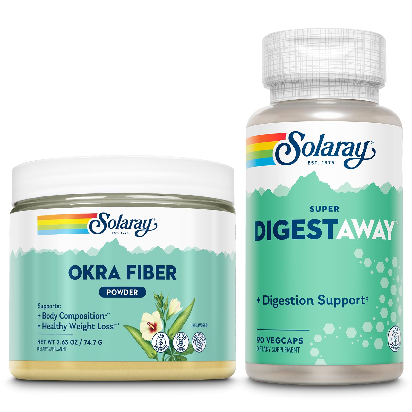 Solaray Okra Fiber Powder and Digestive Enzyme Supplement Bundle, 90 Capsules