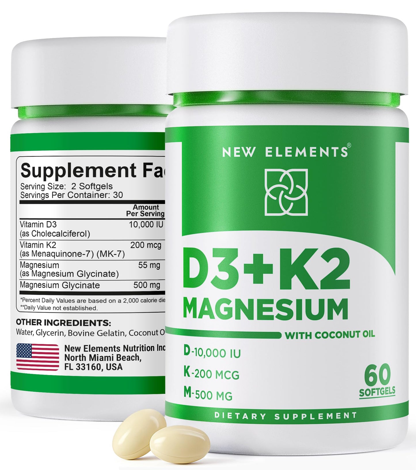 New Elements Vitamin D3 K2 10,000 IU with Magnesium Glycinate 500mg Softgels, 60 Count