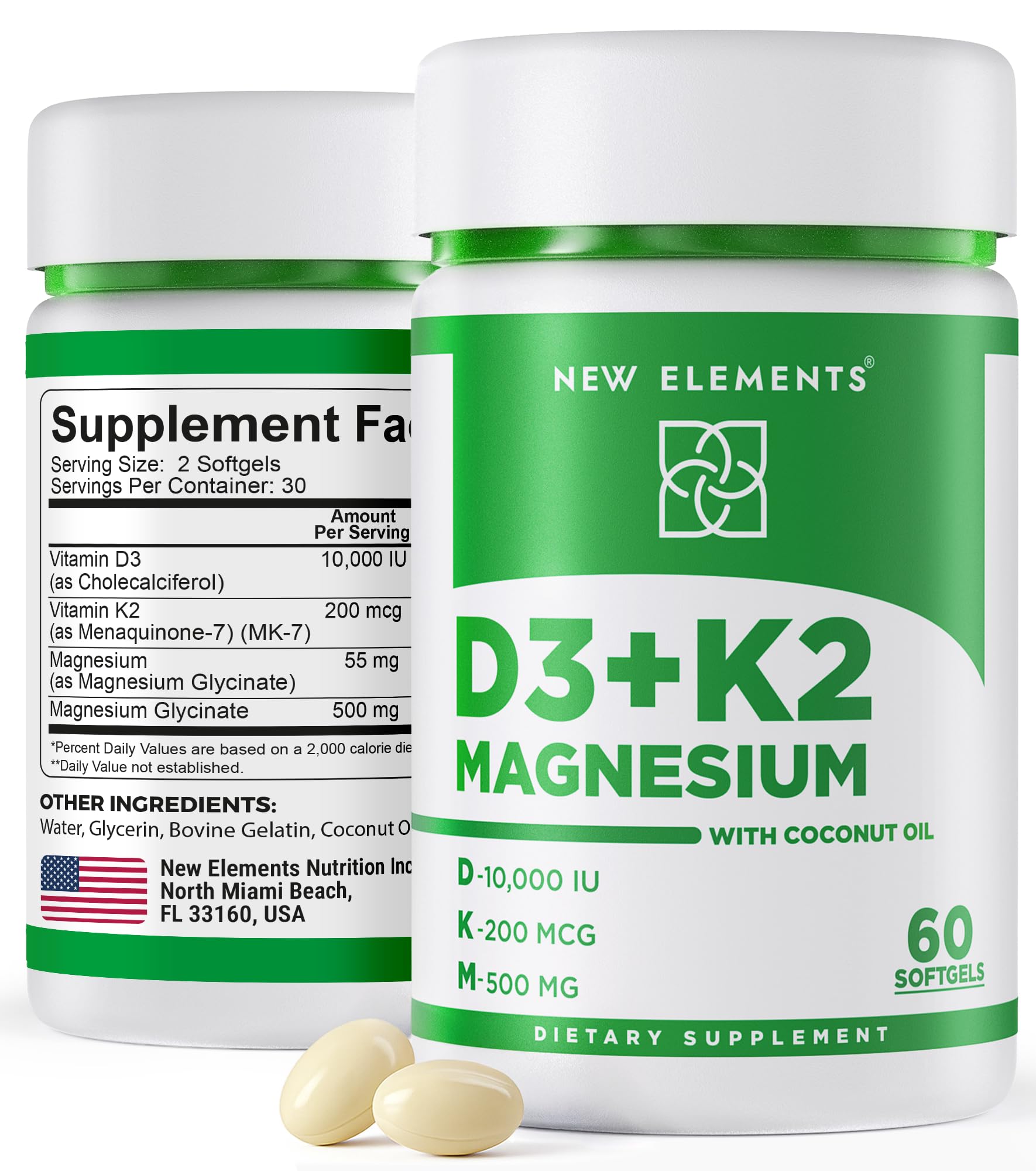 New Elements Vitamin D3 K2 10,000 IU with Magnesium Glycinate 500mg Softgels, 60 Count