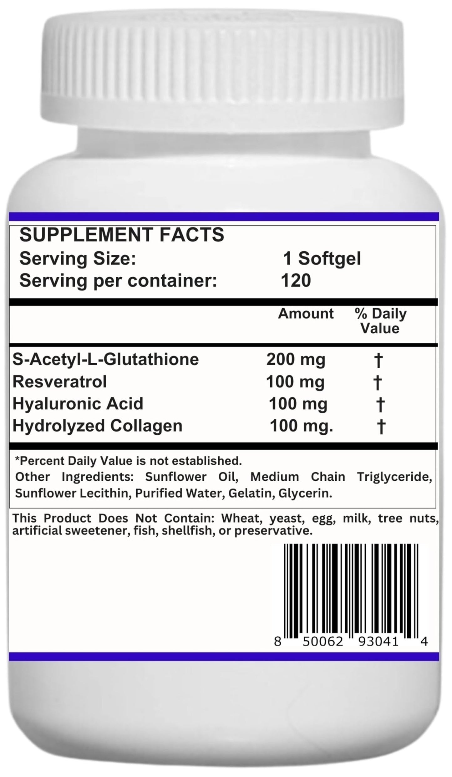 Nikoni Liposomal S-Acetyl L-Glutathione with Resveratrol, Hyaluronic Acid & Collagen 500 mg Softgels, 240 Softgels