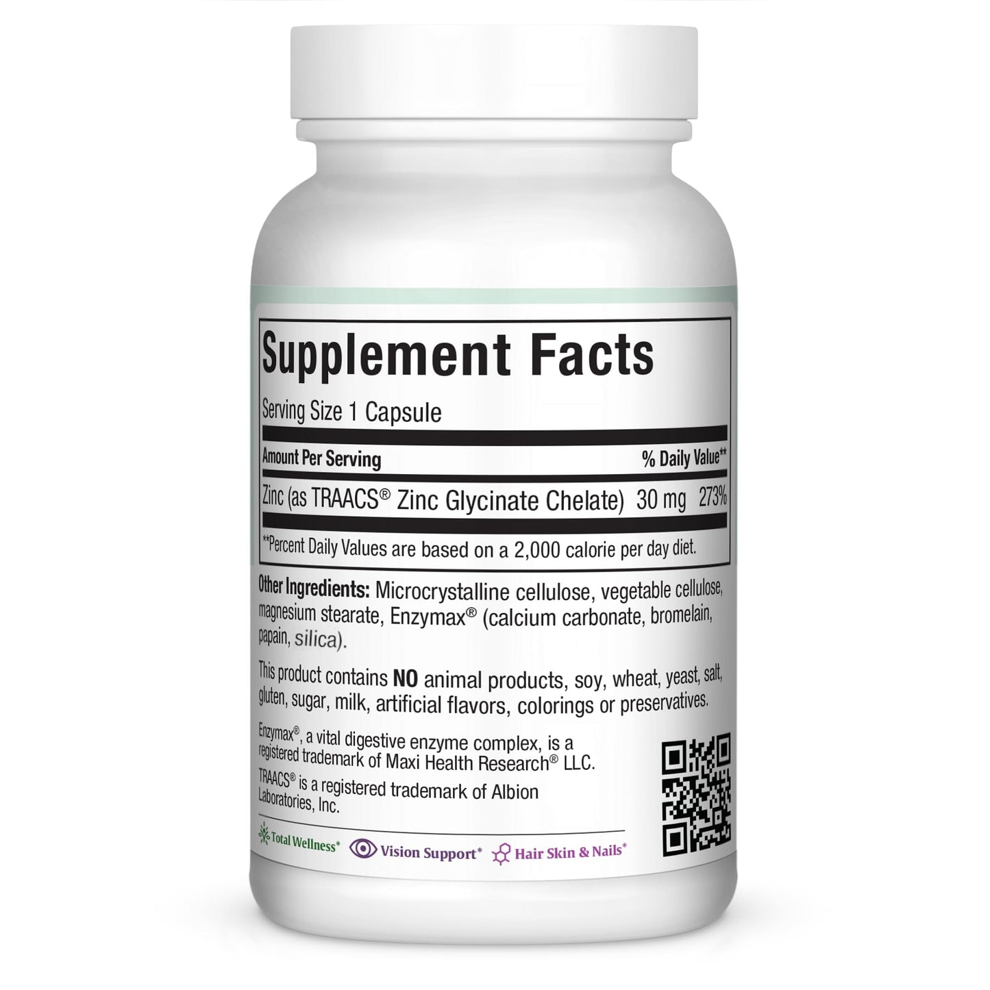 Maxi Health Zinc 30 mg with Enzymax Chelated Zinc Glycinate Capsules, 100 Count