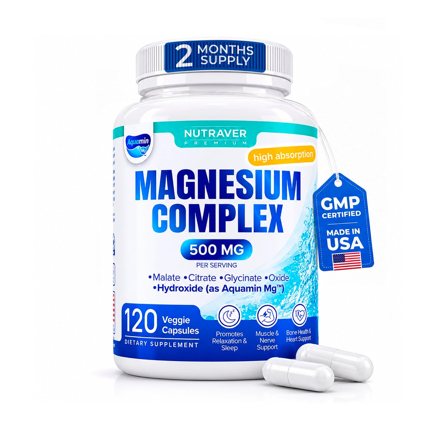 NUTRAVER Magnesium Complex for Women & Men – 500mg, 5-in-1 High Absorption Aquamin Mg, Glycinate, Citrate & Malate – Sleep, Muscle, Leg Cramp & Bone Support – Made in USA, Non-GMO Vegan, 120 Capsules