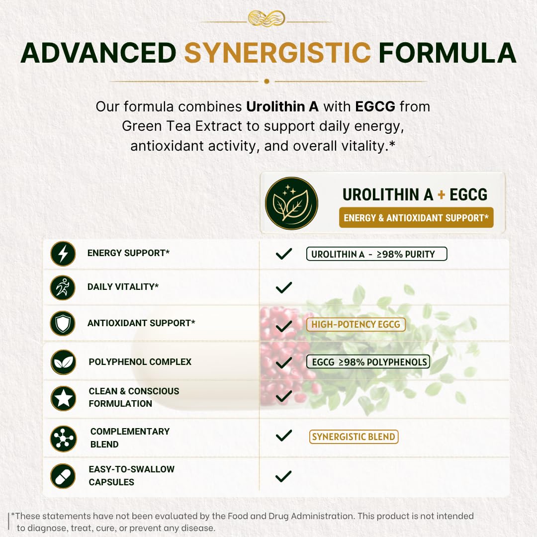 TURRILIFE Premium Urolithin A (≥98% Purity) + High-Potency EGCG from Green Tea Extract (≥98% Polyphenols) – Daily Wellness Formula – Vegan Capsules – 60 Count