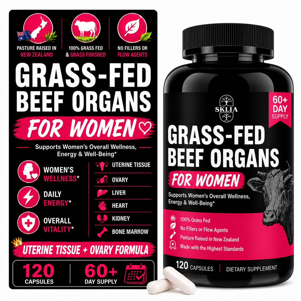 SKLIA Beef Organ Supplement for Women Capsules 120 Count
