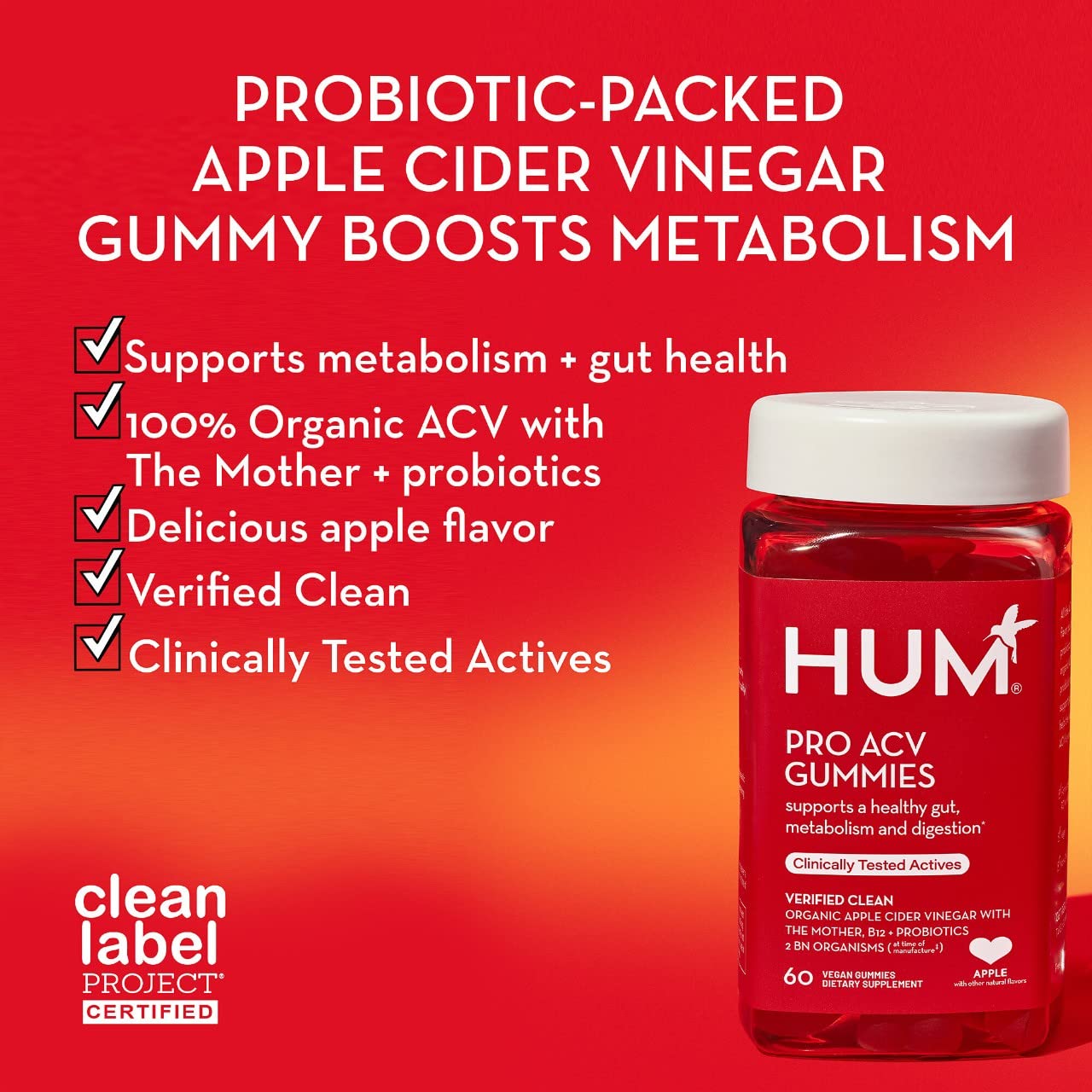 HUM Pro Apple Cider Vinegar Gummies with Probiotics, 60 Gummies