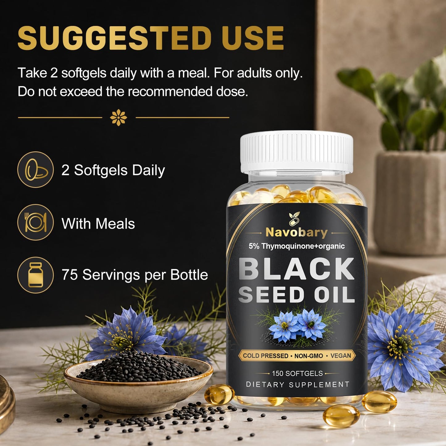 Navobary Black Seed Oil Softgel 500mg Cold Pressed, 150 Softgels