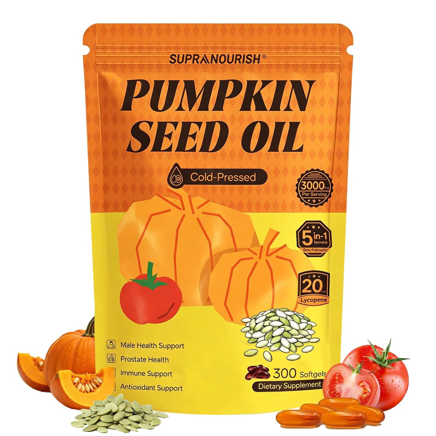 SUPRANOURISH Pumpkin Seed Oil 3000mg Saw Palmetto Lycopene Softgels 300