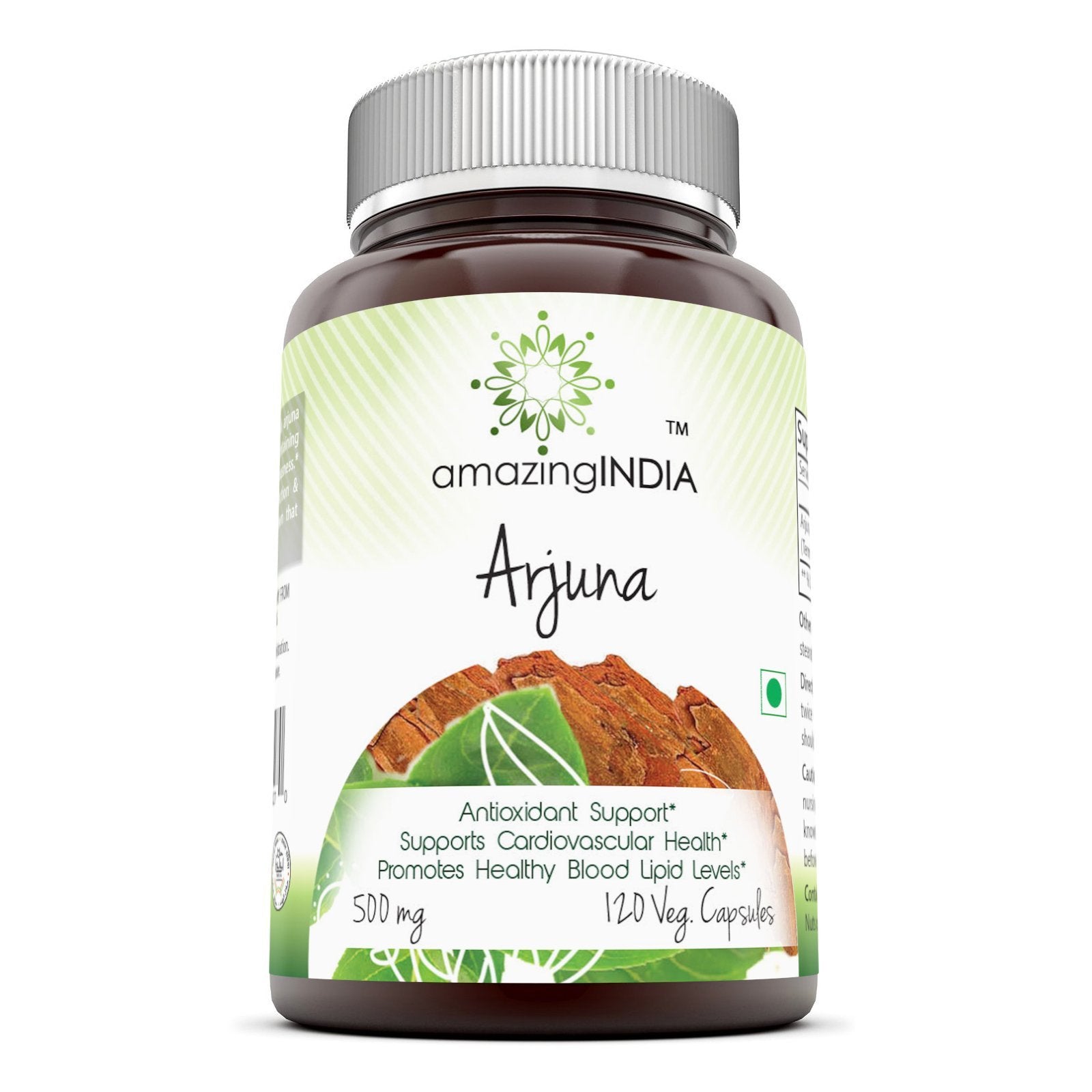 Amazing India Arjuna Bark Standardized to 25% Tannins 500 Mg Capsule, 120 Veggie Capsules