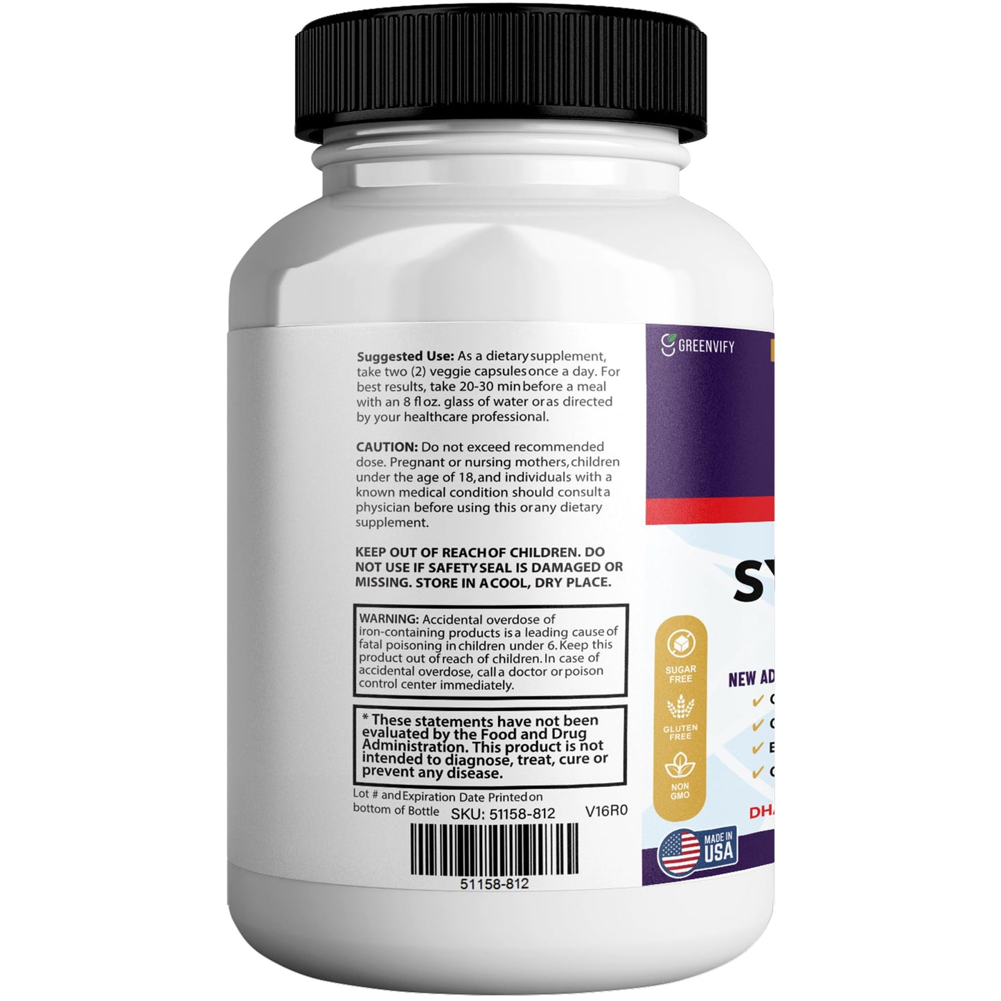 GREENVIFY Synaptic XR Max Extra Strength Brain Support Supplement with Herbal Ingredients, DHA Vitamins, Nootropic Formula, 60 Capsules