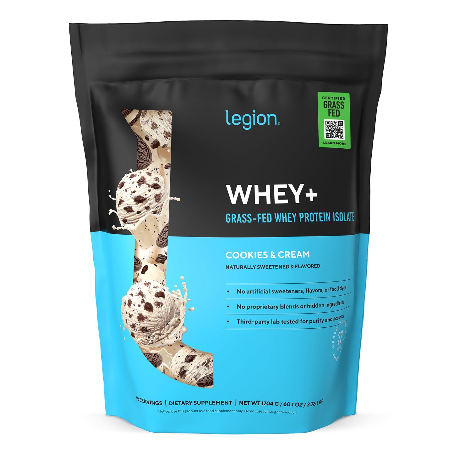 LEGION Whey+ Protein Isolate Powder from Grass-Fed Cows, Cookies & Cream, 62 Servings