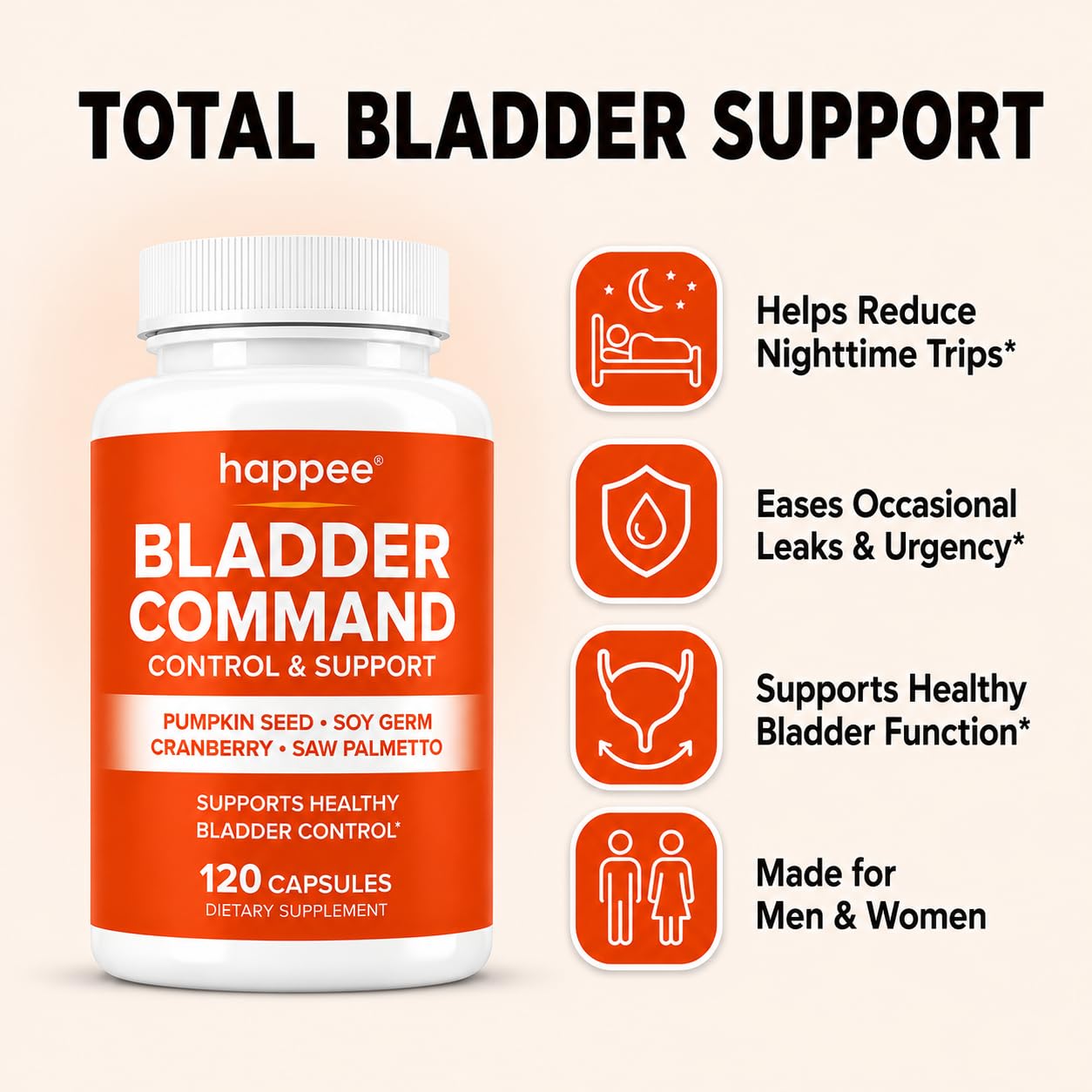Happee Bladder Control Supplement for Women & Men 1,220mg Urinary Support Capsule 120 Capsules