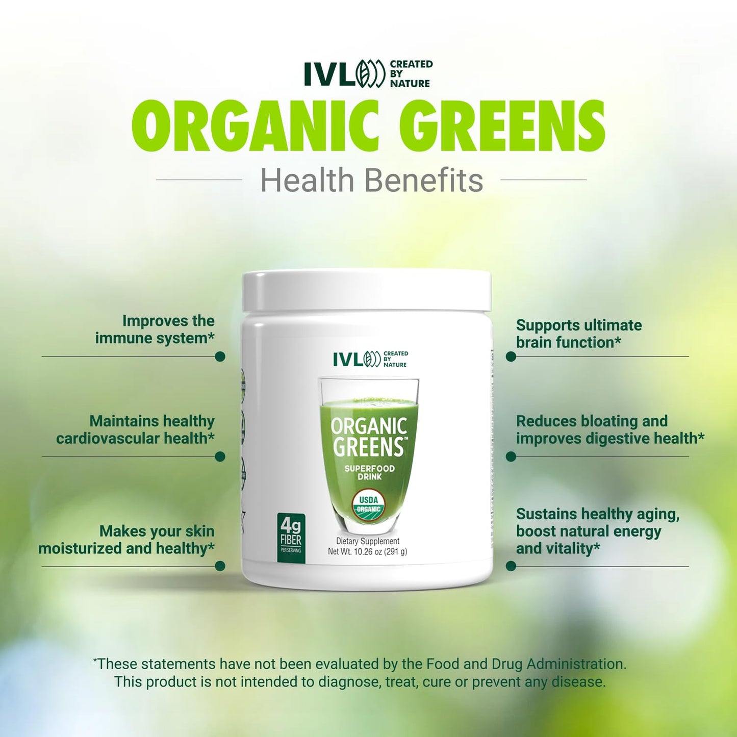 IVL Organic Greens Powder 10.26 oz, 30 Servings