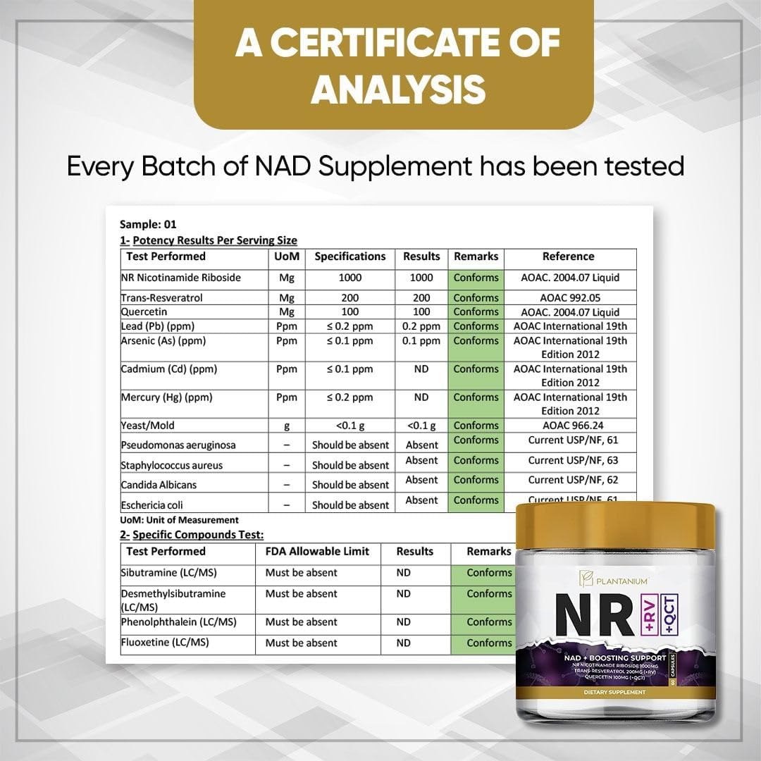 Plantanium NAD+ 1000mg Triple Action Nicotinamide Riboside (NR) with Trans-Resveratrol 200mg & Quercetin 100mg Anti-Aging Energy Focus Capsules 60 Count