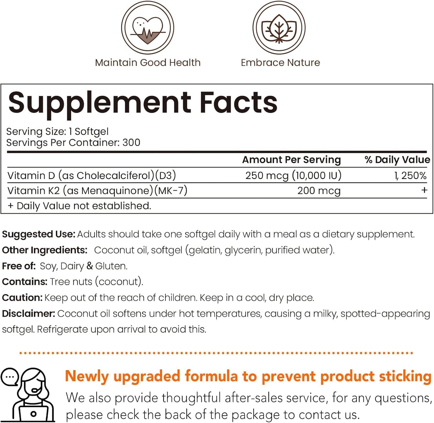 RTMGOB Vitamin D3 K2 Supplement Vitamin D3 10,000 IU + K2 MK-7 200 mcg Virgin Coconut Oil Softgels, 300 Count