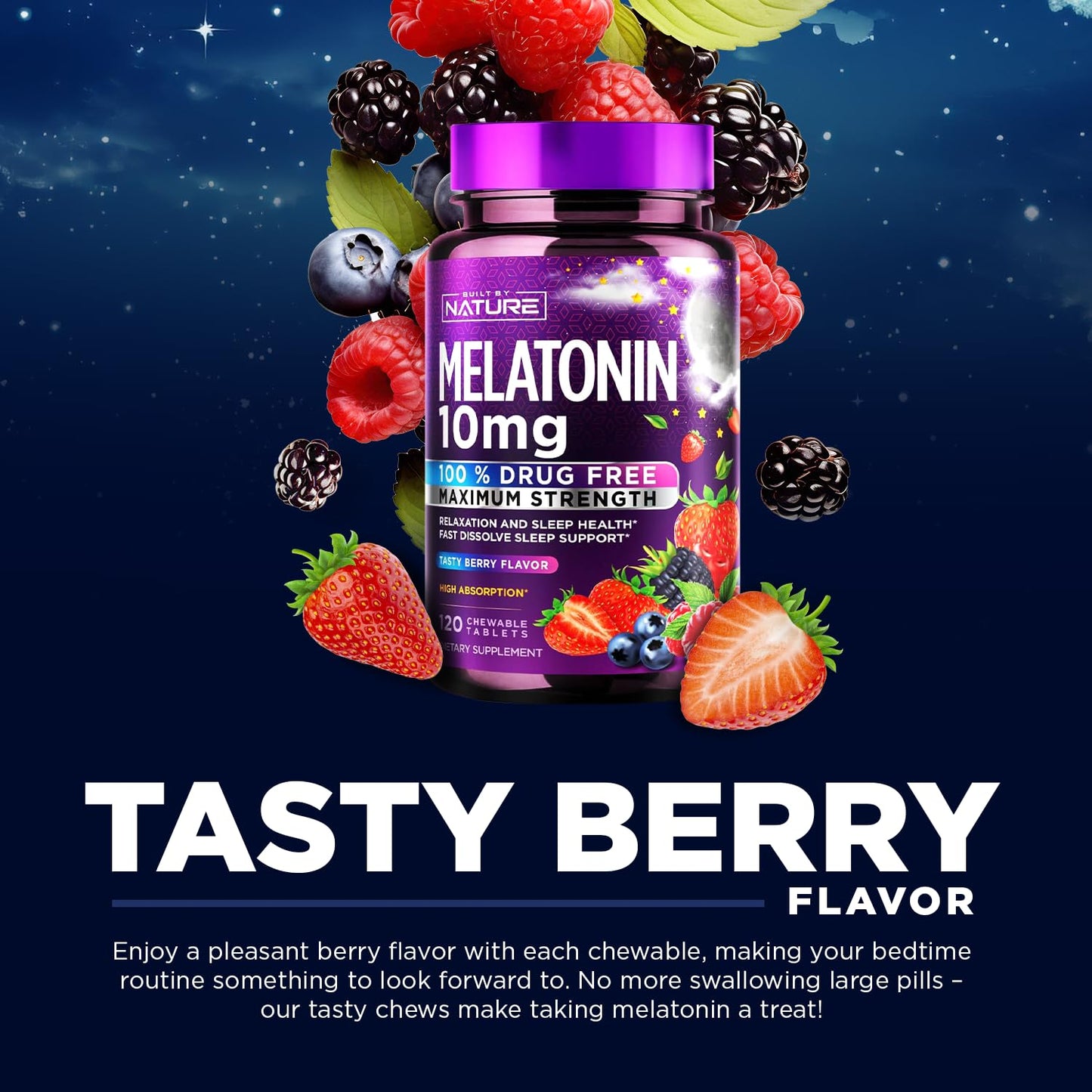Built by Nature Melatonin 10mg Chewables, Berry Flavor 120 Tablets