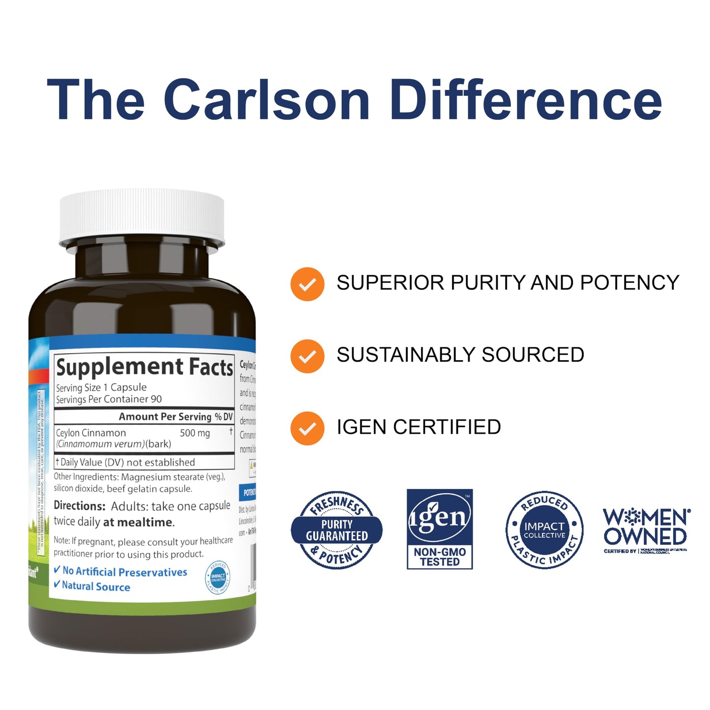 Carlson Ceylon Cinnamon 500 mg Capsules, 90 Count