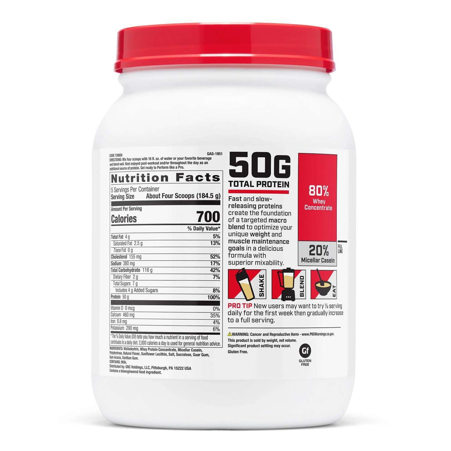 GNC Pro Performance Weight Gainer Protein Powder Vanilla Ice Cream 40 Servings