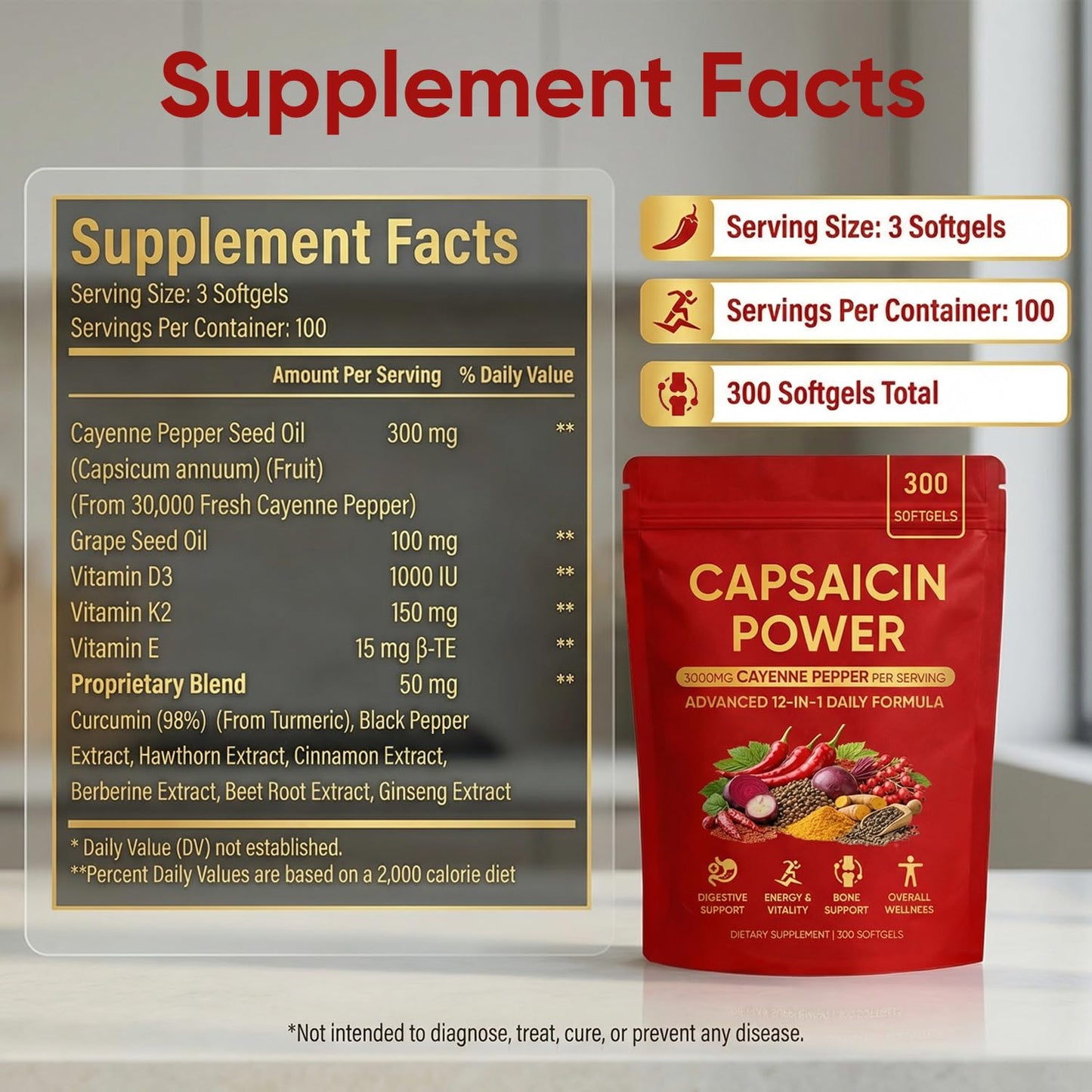 Peehss Capsaicin Power Cayenne Pepper Softgels with Vitamin E, D3 & K2, Grape Seed, Beetroot & Turmeric Extract, 300 Softgels