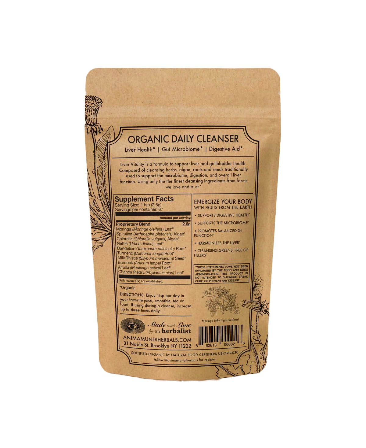 Anima Mundi Apothecary Super Greens Powder Liver Vitality Organic Superfood Greens & Herbal Prebiotics for Liver Detox, Cleanse & Support with Fair Trade Dandelion, Milk Thistle & More 8 oz