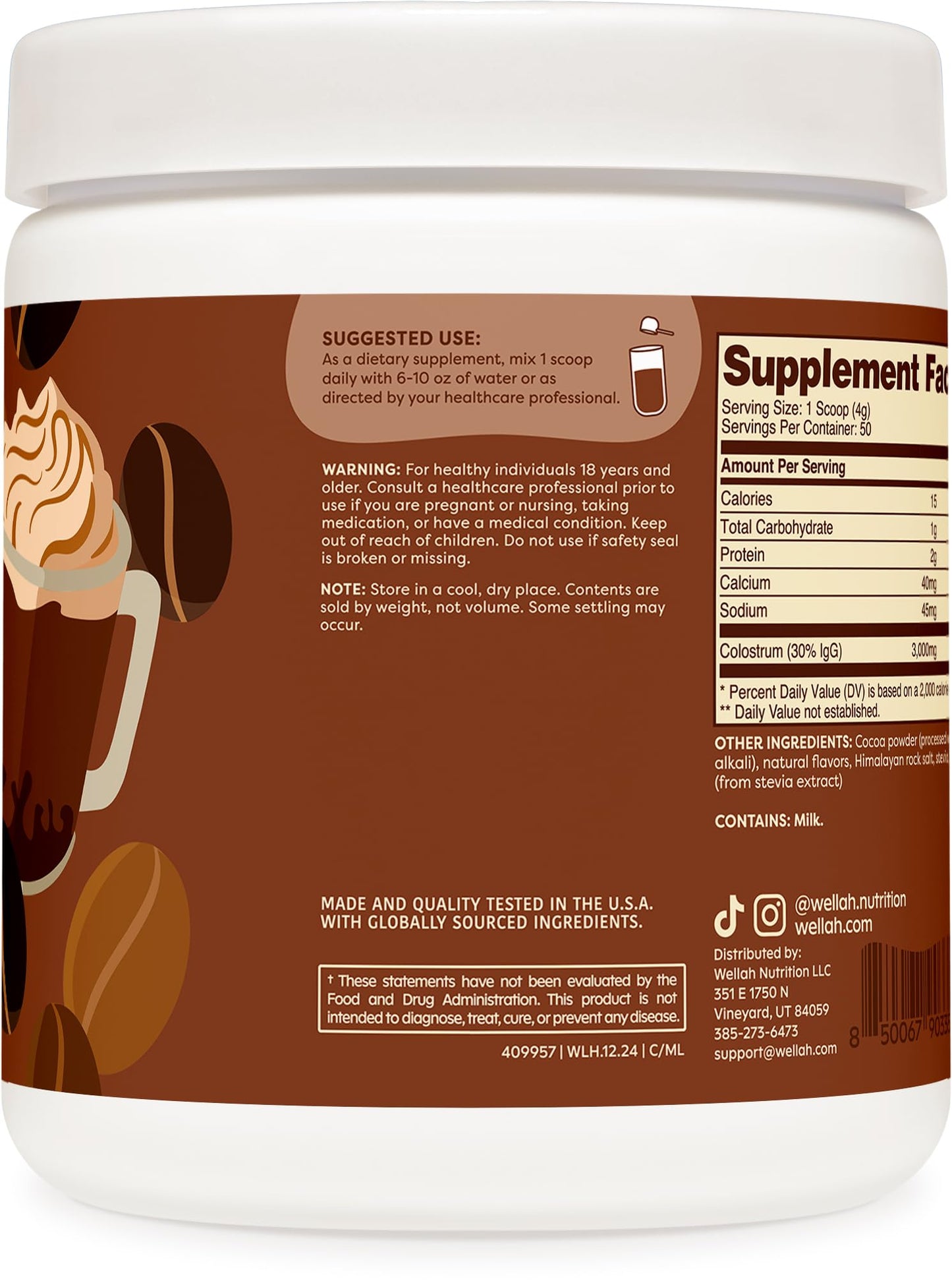 Wellah Colostrum Powder (Mocha Latte) 6.8 oz