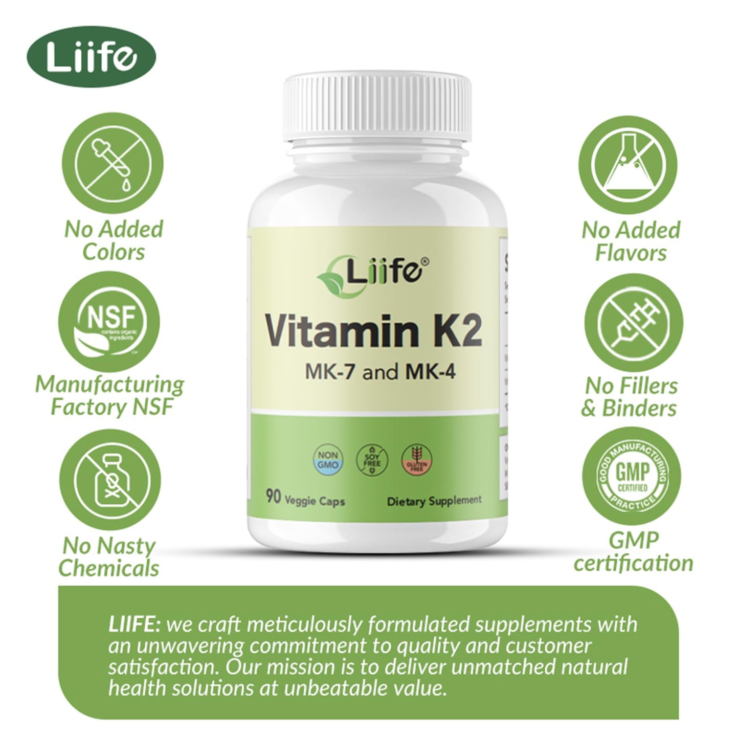 LIIFE Vitamin K2 600mcg Supplement with MK-7 100mcg & MK-4 500mcg Capsules, 90 Count
