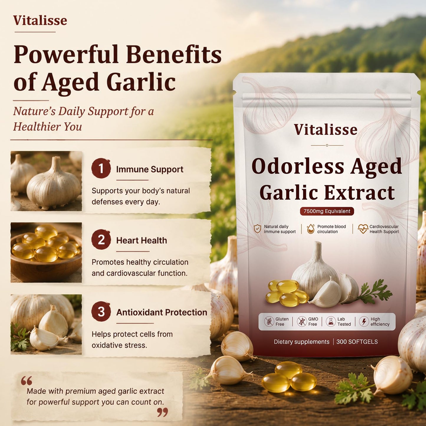 Vitalisse AJO Envejecido, 7500mg Odorless Organic Garlic Capsule, 1 Count