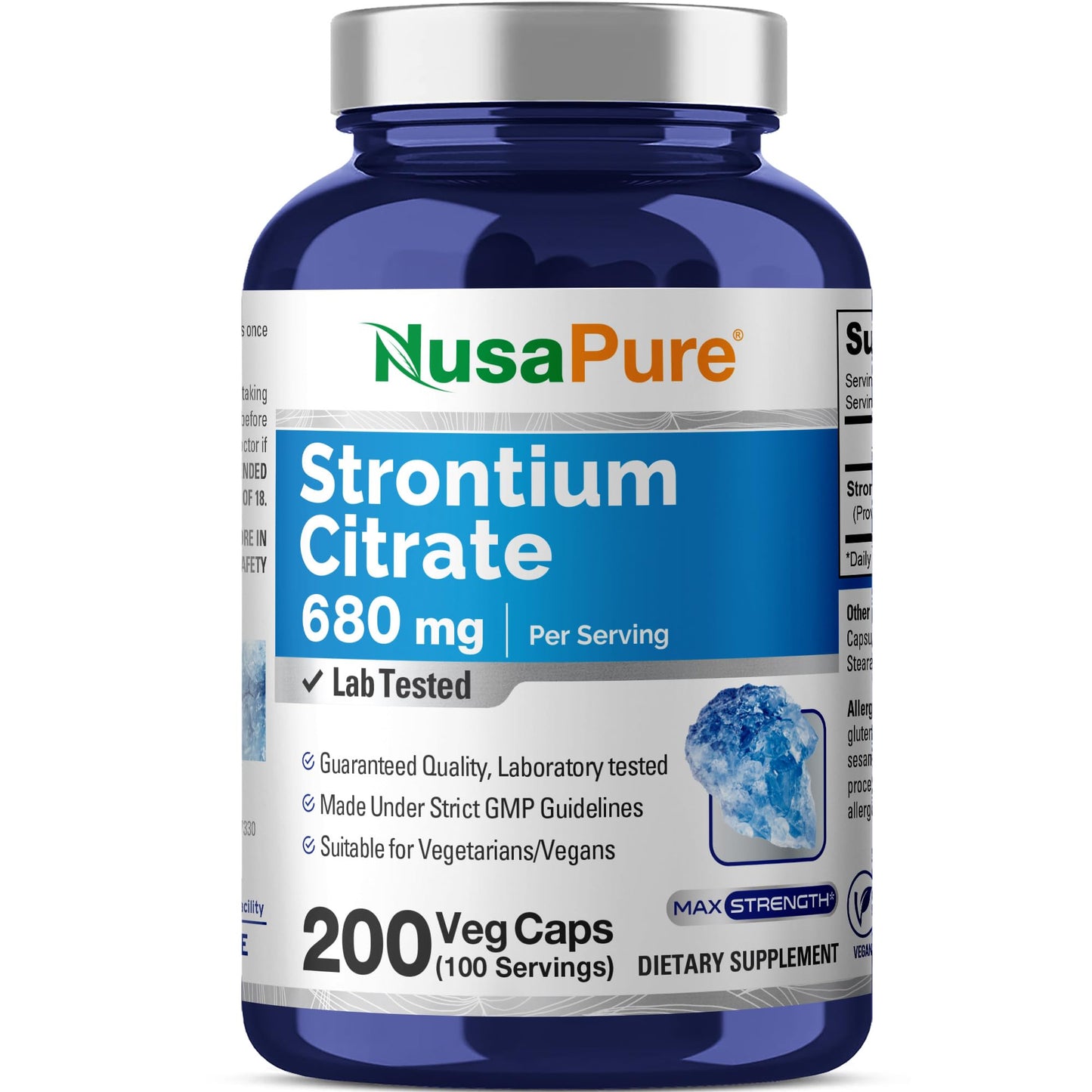 NusaPure Strontium Citrate Capsules, 680mg, Non-GMO Vegan, 200 Veggie Capsules