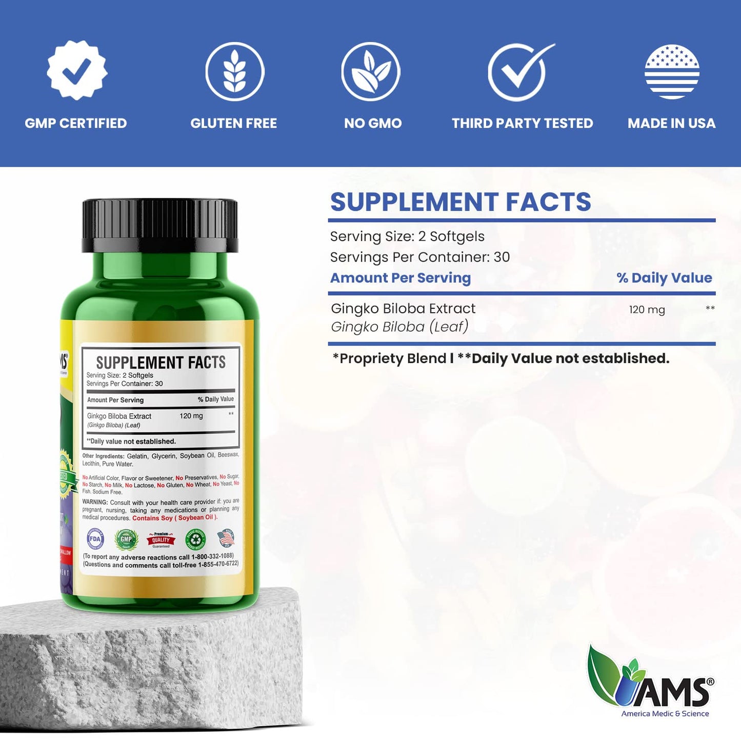 America Medic & Science Ginkgo Biloba 60mg Mind Enhancer with Herbal Leaf Extract Softgels 60