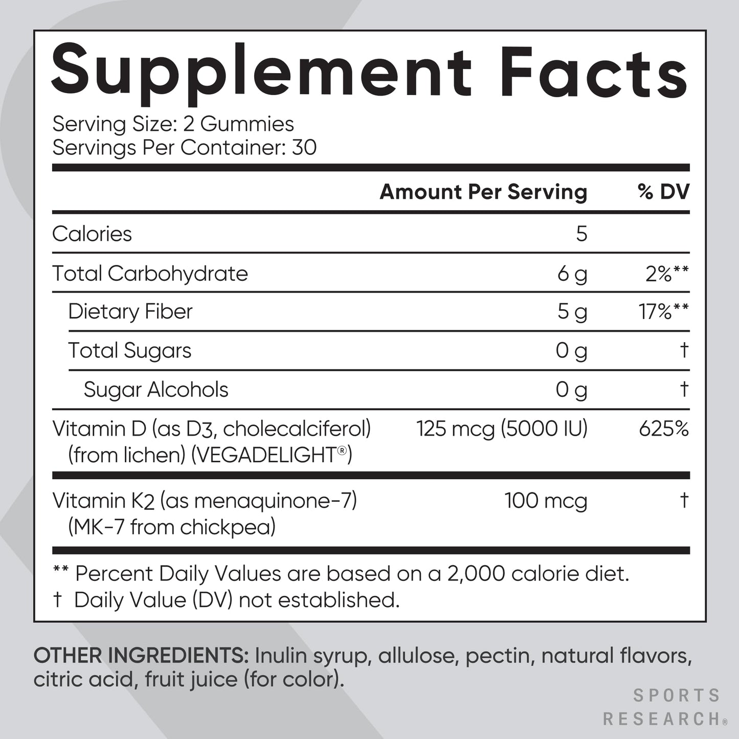 Sports Research Vegan Vitamin D3 + K2 Sugar-Free Gummies 60 Count